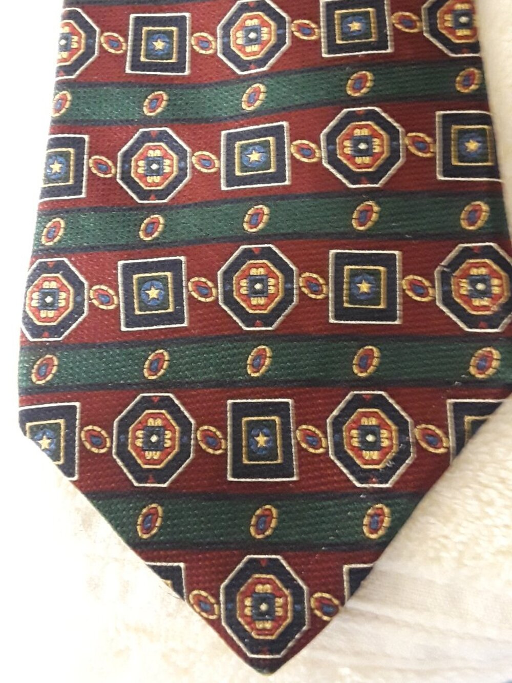 Silk Tie-Vintage Tommy Hilfiger-US Made-Green/Burgundy Geometric Stripe 4" wide